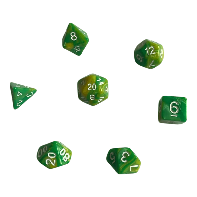 Perlmuttwürfel 7er Set in Grün & Gelb