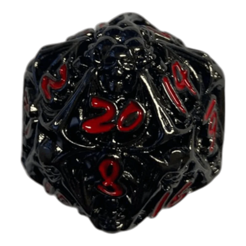 W20 Totenkopf Metallwürfel (Schwarz mit roten Nummern) - 18mm