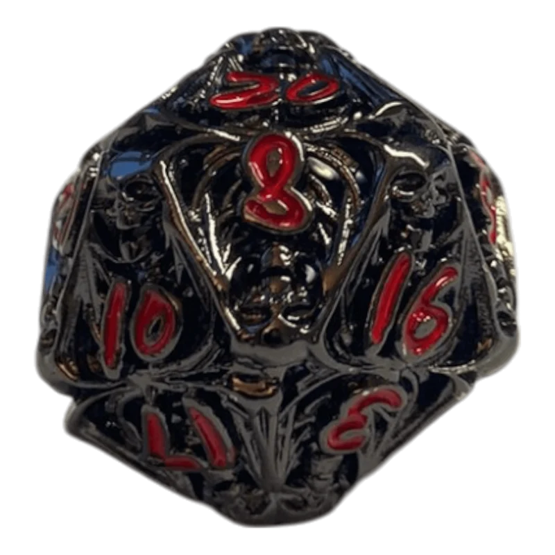 W20 Totenkopf Metallwürfel (Schwarz mit roten Nummern) - 18mm