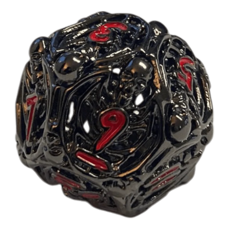W12 Totenkopf Metallwürfel (Schwarz mit roten Nummern) - 18mm