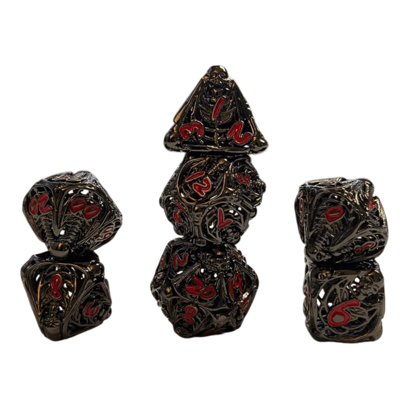 Totenkopf Metallwürfel-Set (Schwarz mit roten Nummern) - 18mm