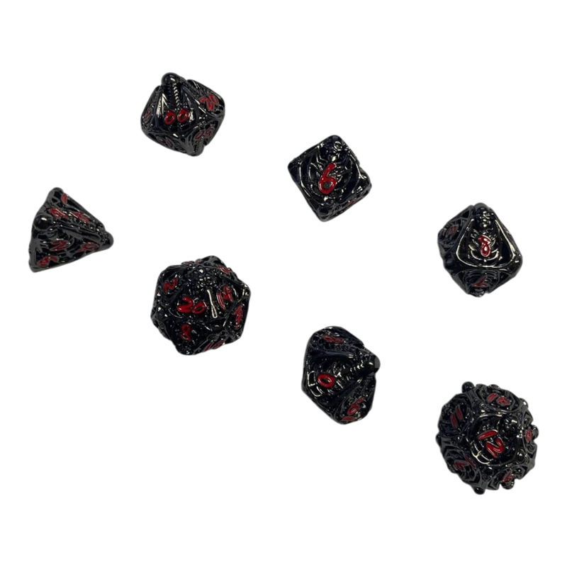 Totenkopf Metallwürfel-Set (Schwarz mit roten Nummern) - 18mm