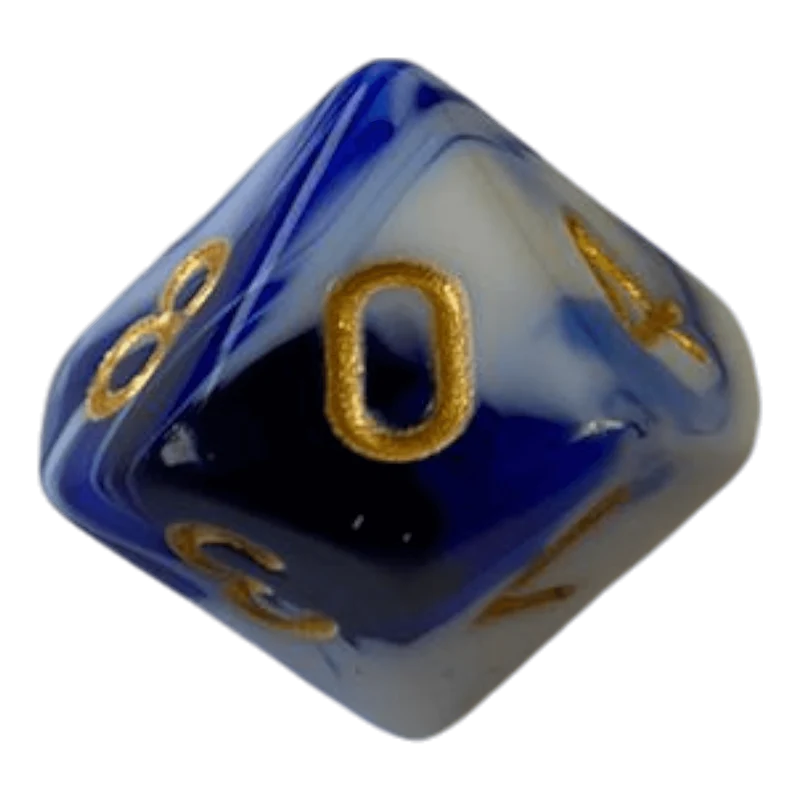 W10 Marmorierte Würfel Blau-Weiß mit goldenen Zahlen