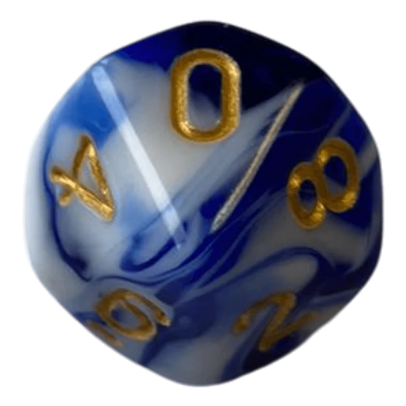 W10 Marmorierte Würfel Blau-Weiß mit goldenen Zahlen