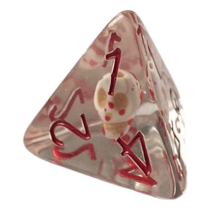 Transparente Würfel mit Totenkopf & roten Ziffern - Bluttropfen W4