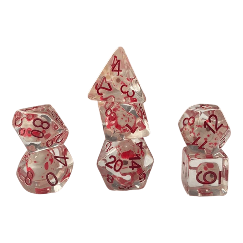 Transparente Würfel mit Totenkopf & roten Ziffern - Bluttropfen Set