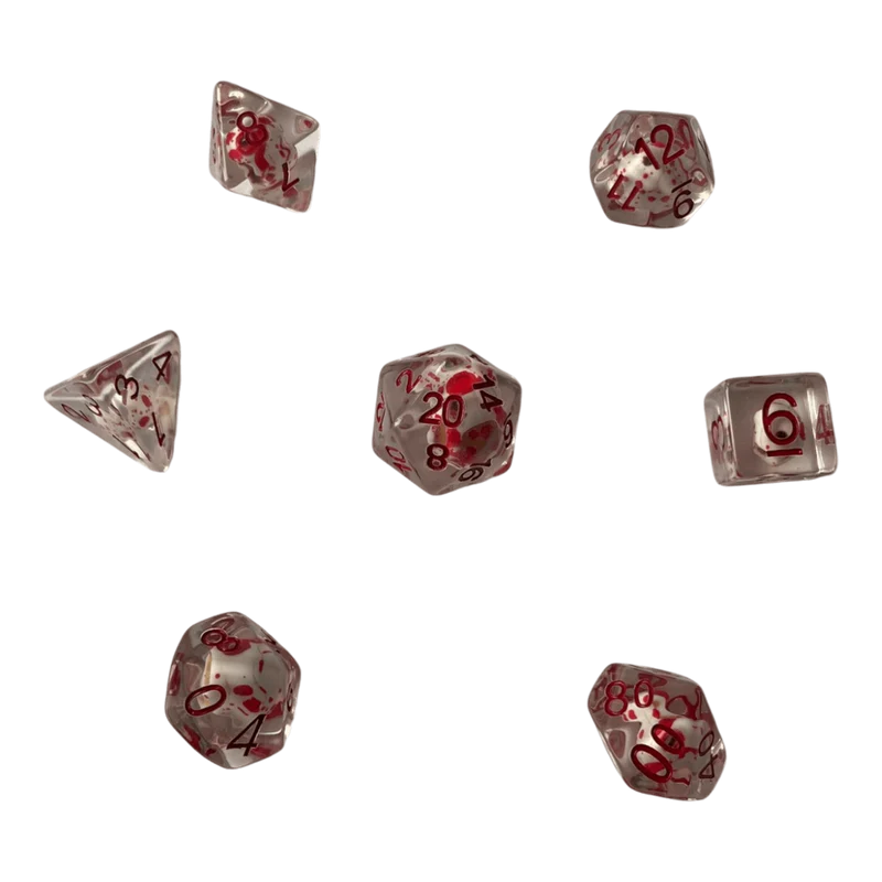 Transparente Würfel mit Totenkopf & roten Ziffern - Bluttropfen Set