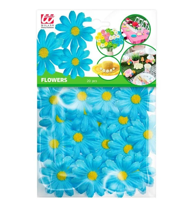 Set mit 20 dekorativen hellblauen Blumen