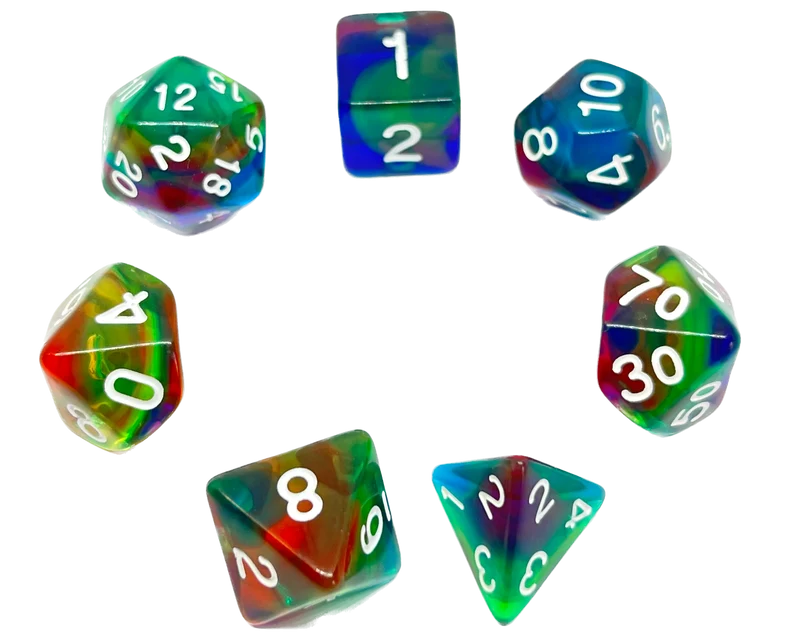 7-teiliges RPG Würfelset Transparent: Rainbow Storm