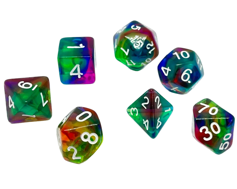 7-teiliges RPG Würfelset Transparent: Rainbow Storm