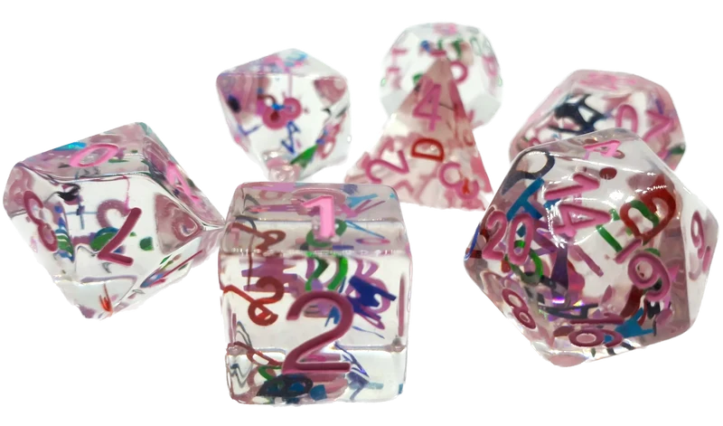 7-teiliges RPG Würfelset Transparent: Letters Pink