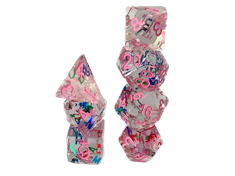 7-teiliges RPG Würfelset Transparent: Letters Pink