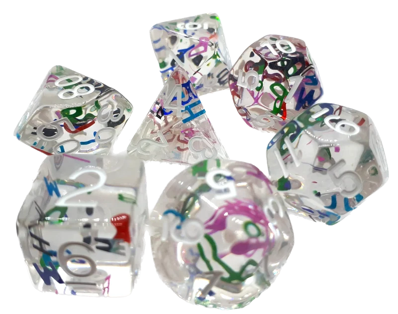 7-teiliges RPG Würfelset Transparent: Letters White