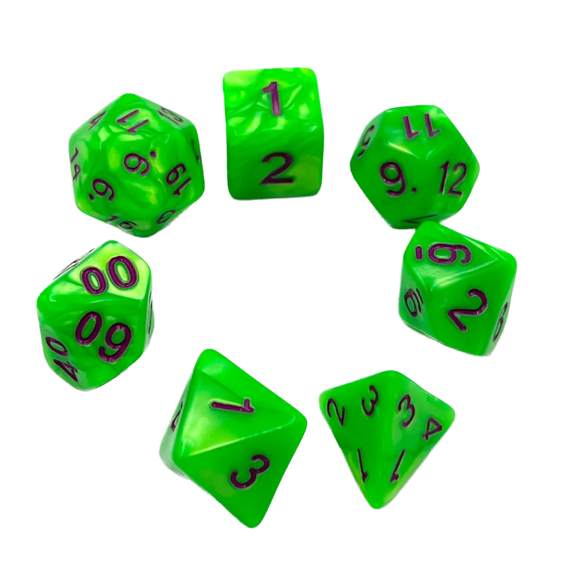 7-teiliges RPG Würfelset Pearl: Green/Purple