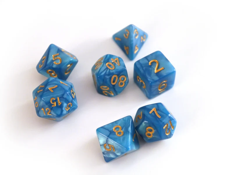 7-teiliges RPG Würfelset Pearl: Azur/Gold
