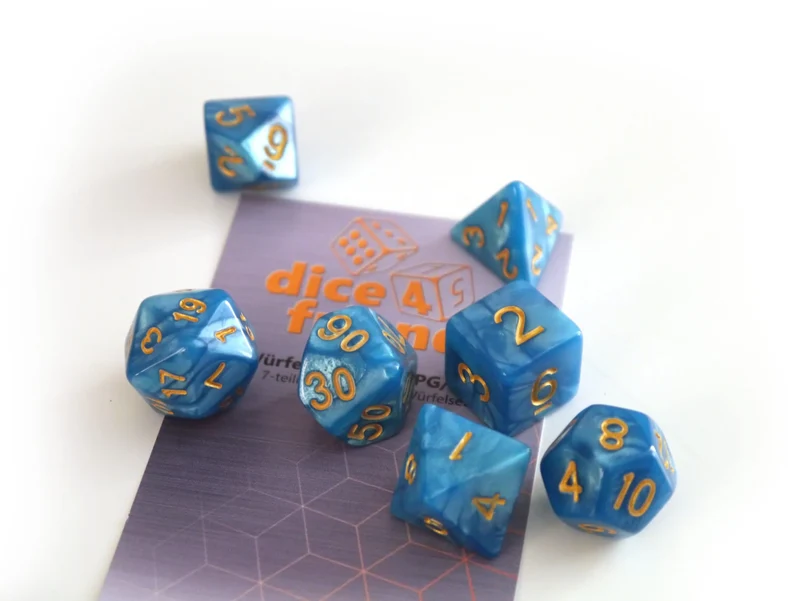 7-teiliges RPG Würfelset Pearl: Azur/Gold